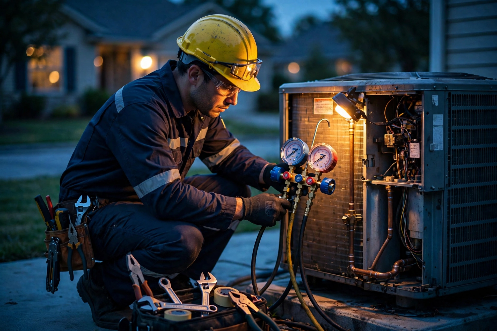 HVAC technician servicing a condenser at dusk