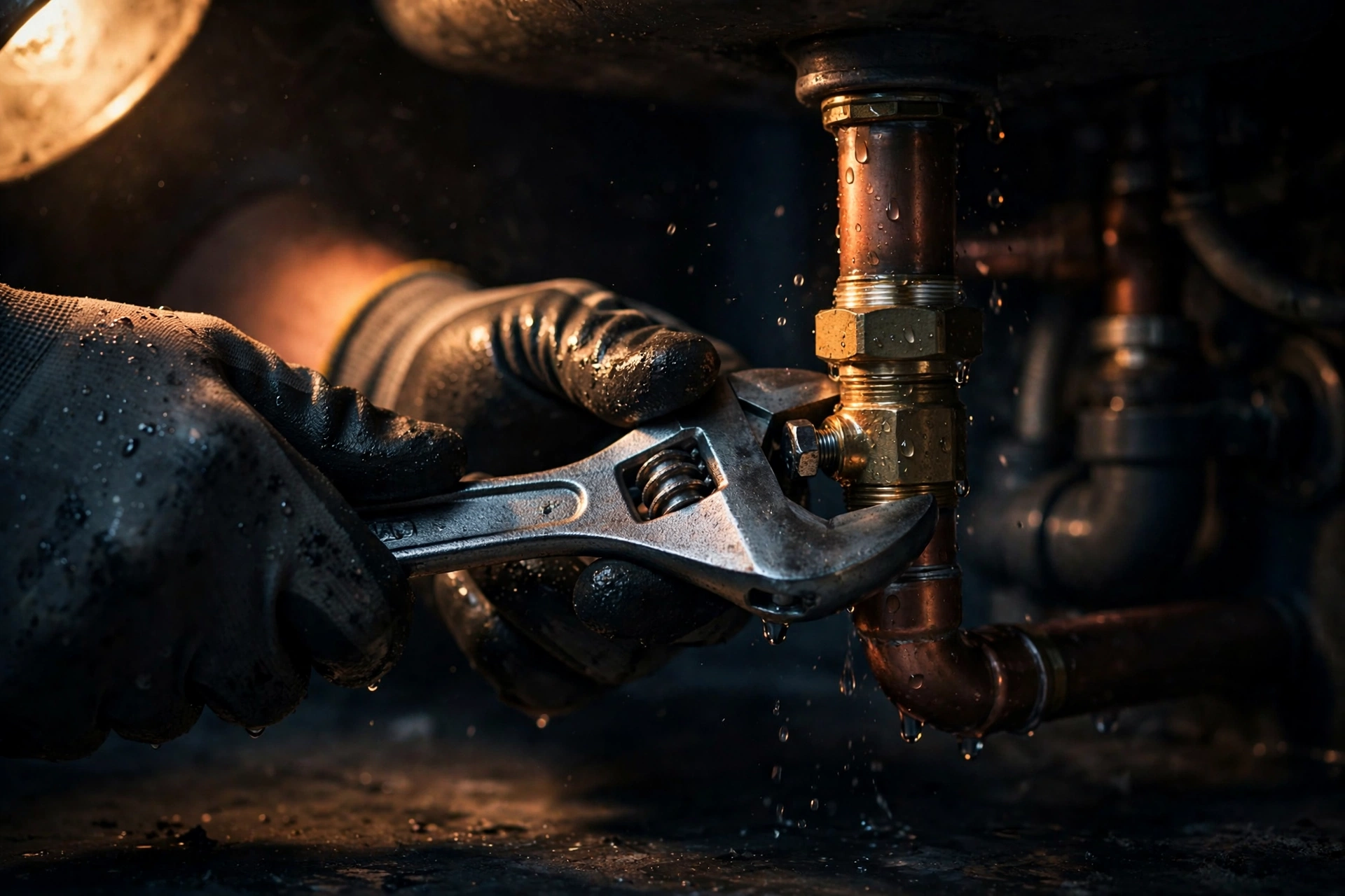 Plumber tightening a pipe fitting