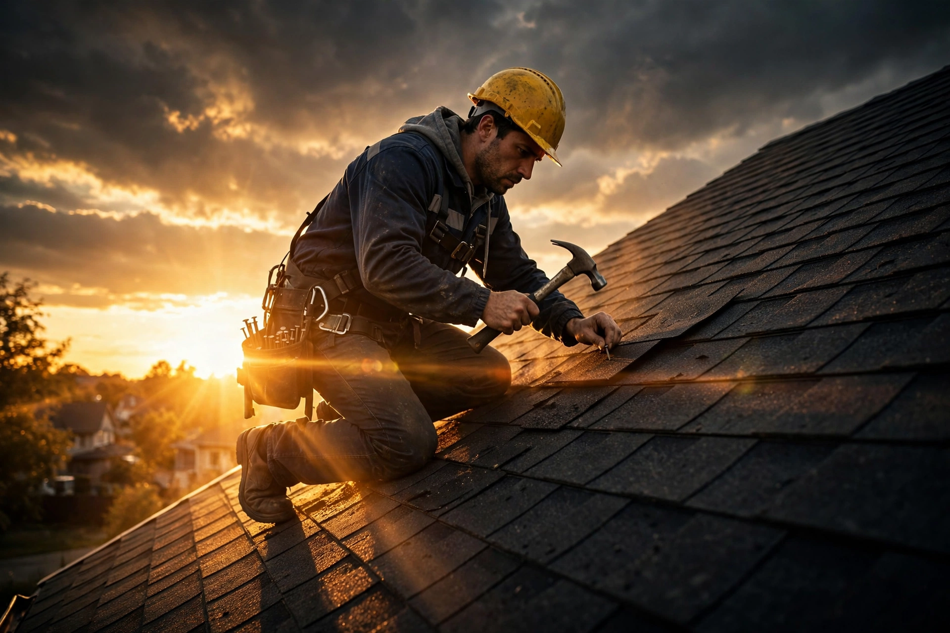 Roofer installing shingles at sunset